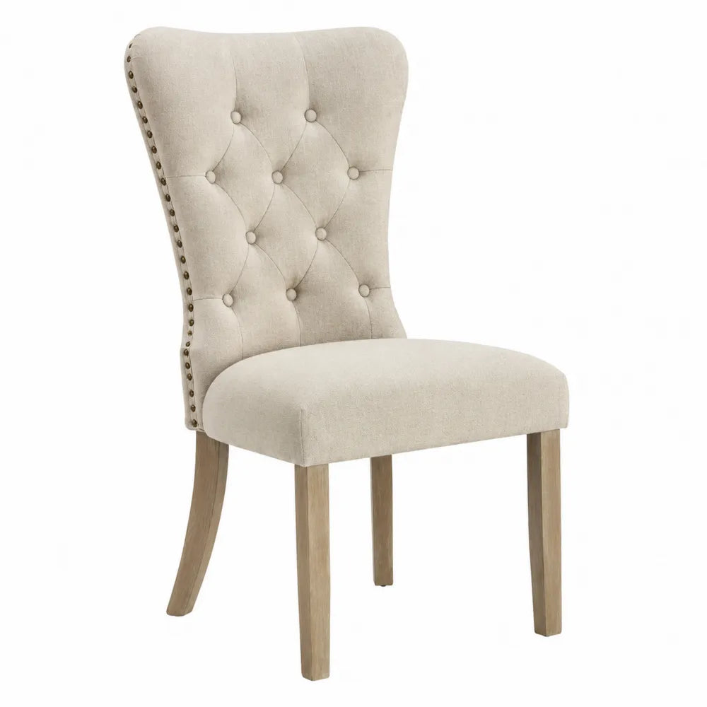 Sedia in tessuto beige con gambe in legno di quercia