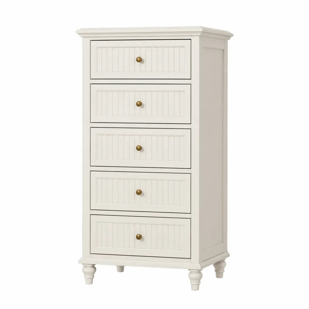 Cassettiera a 5 cassetti in legno MDF bianco con maniglie in metallo