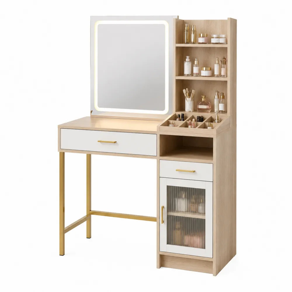 Toletta con Specchio a LED e Ripiani in MDF Legno Chiaro e Metallo Dorato, 140 x 100 x 40 cm