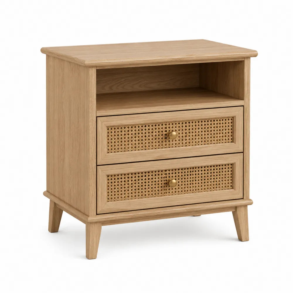 Comodino in Legno e Rattan con Ripiano Aperto