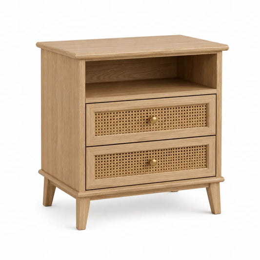 Comodino in Legno e Rattan con Ripiano Aperto
