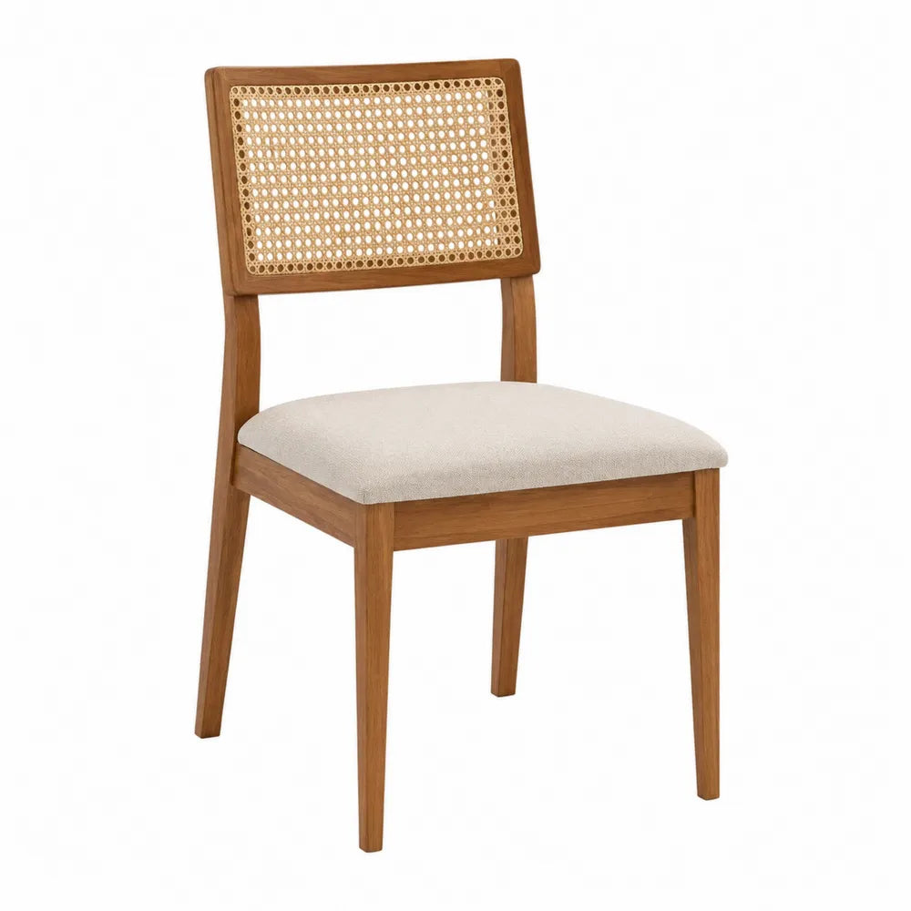 Sedia in legno di faggio e rattan con seduta in tessuto beige