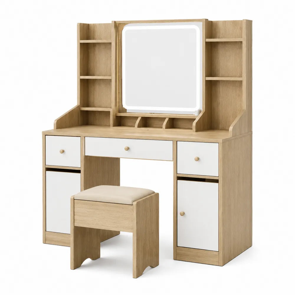 Toletta in Legno e MDF Rovere e Bianco con Specchio LED e Sgabello Imbottito