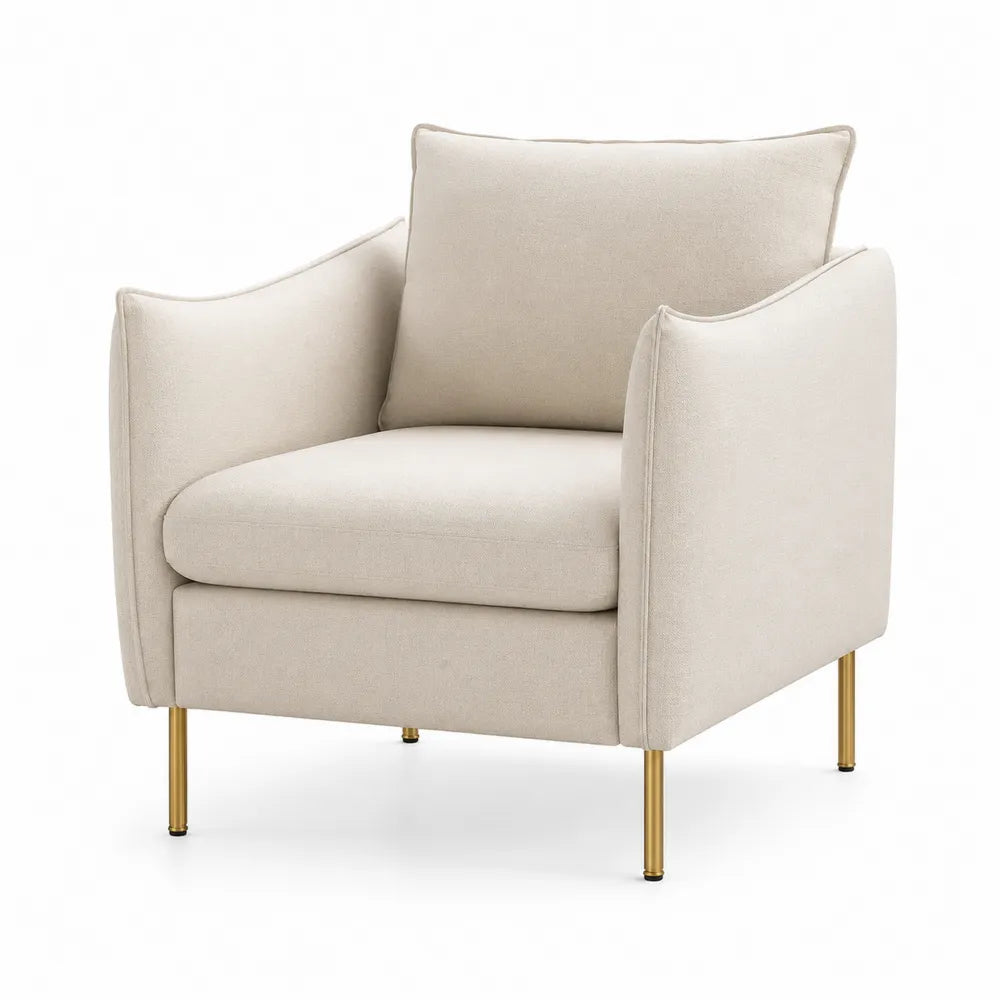 Poltrona in tessuto beige con gambe in metallo dorato