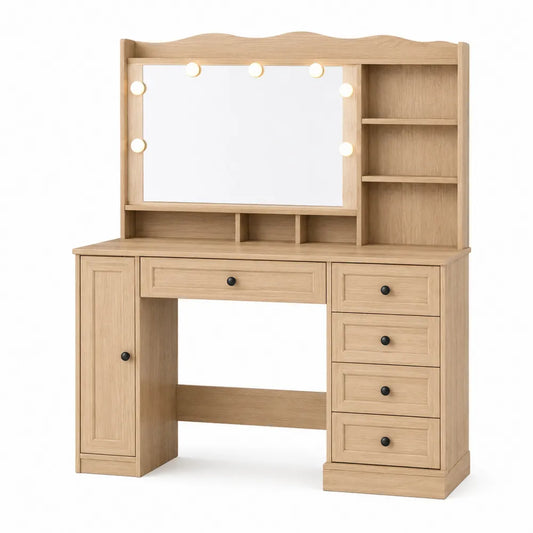 Toletta Specchio Illuminato e Cassetti in Legno di Rovere