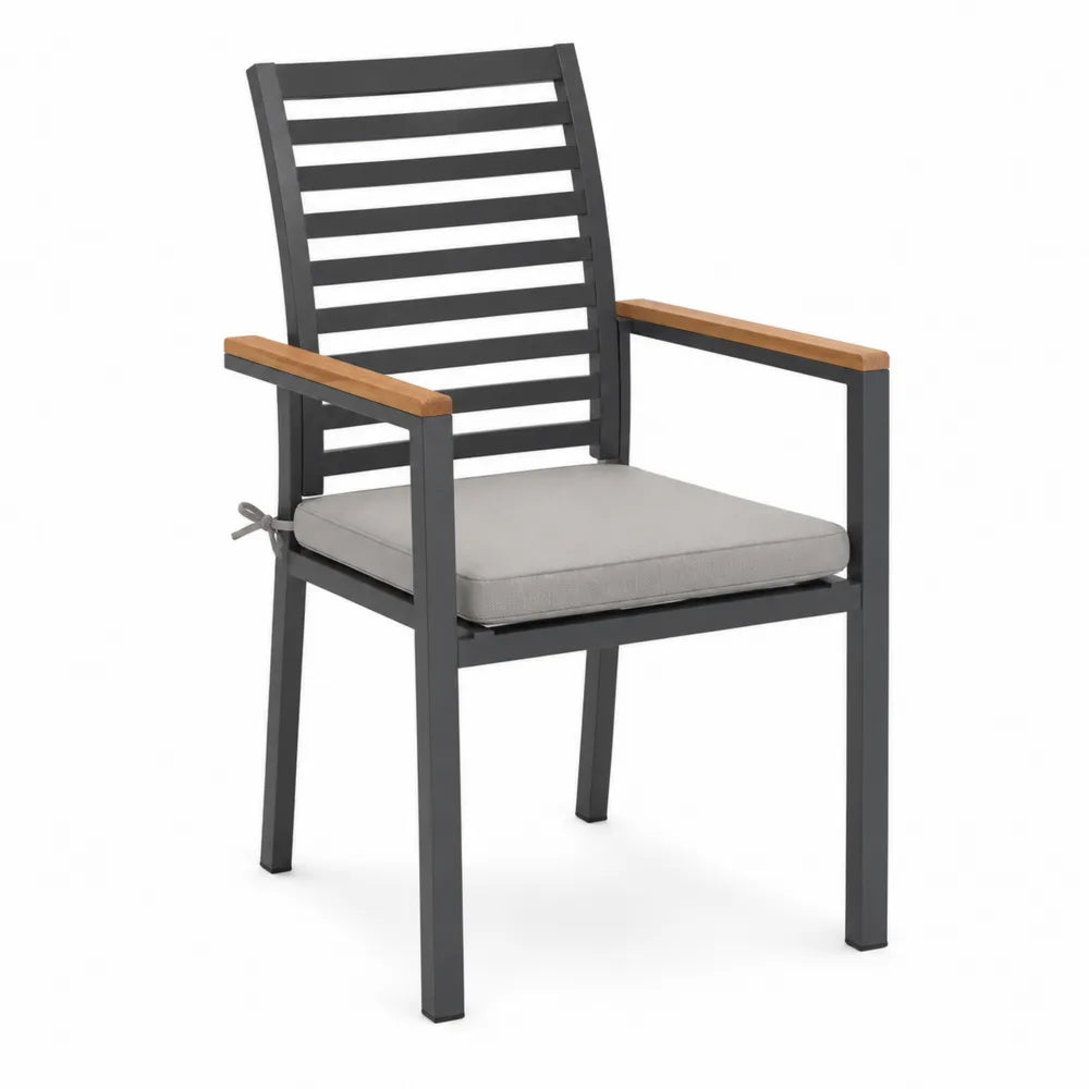 Sedia da esterno in alluminio e legno con cuscino grigio chiaro