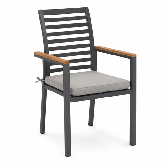 Sedia da esterno in alluminio e legno con cuscino grigio chiaro