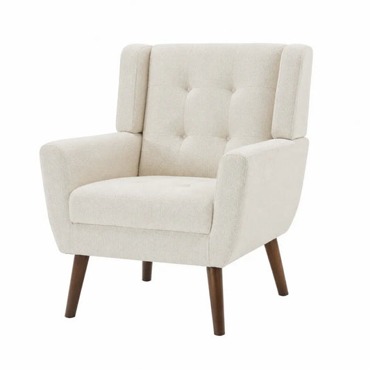 Poltrona in tessuto beige con gambe in legno