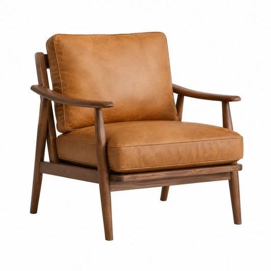 Poltrona in pelle sintetica marrone con struttura in legno di noce