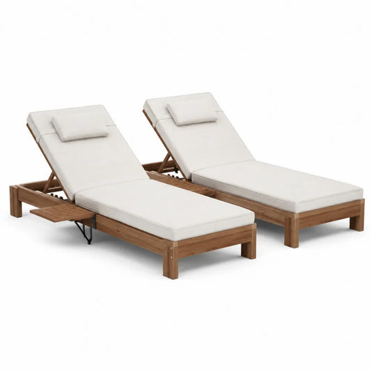 Set di 2 lettini prendisole in legno di acacia con cuscini bianchi