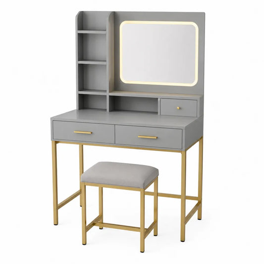 Toletta con Specchio LED in Legno e Metallo Grigio e Oro con Sgabello