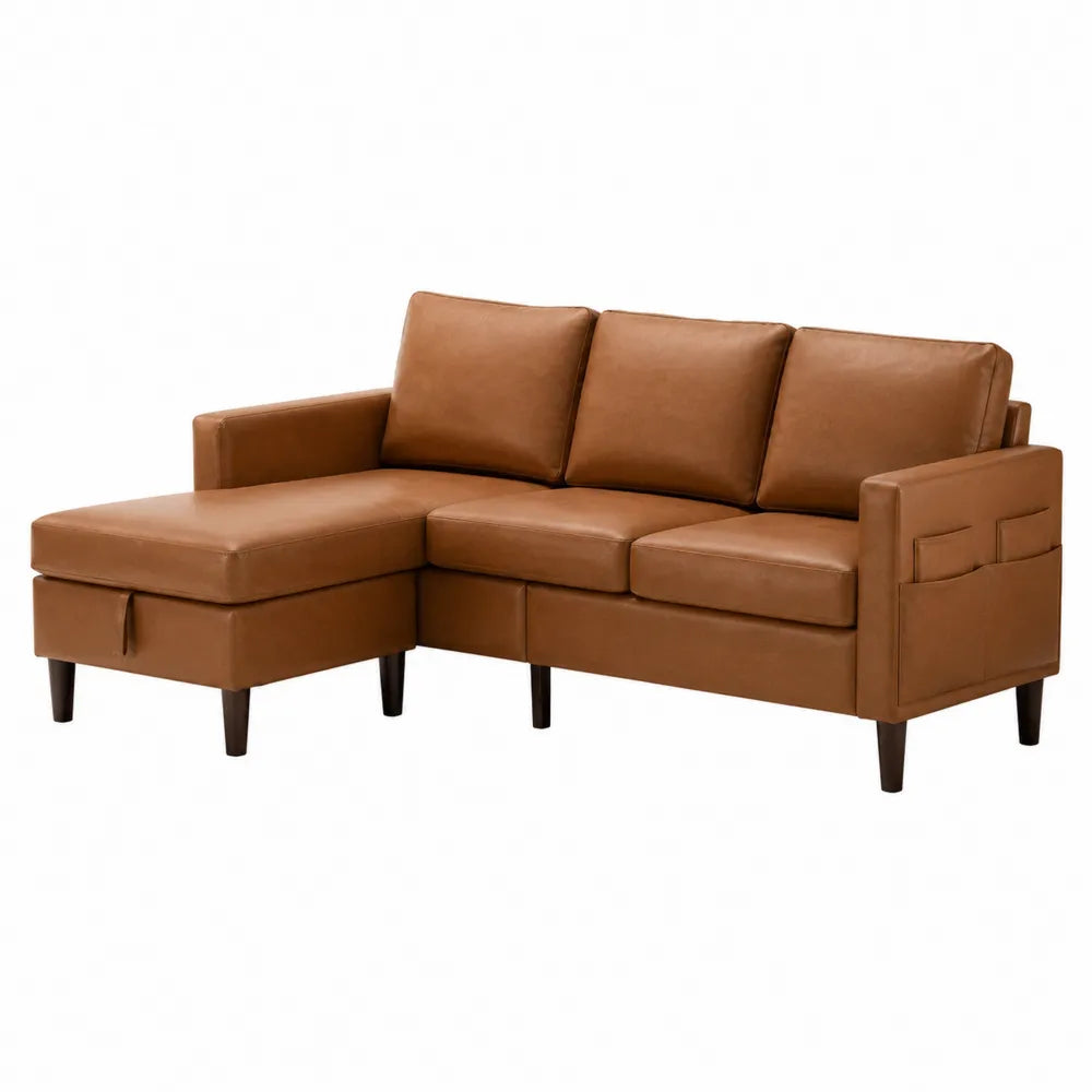 Divano angolare in pelle sintetica marrone con chaise longue e tasche laterali