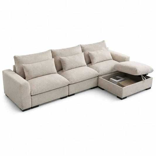 Divano angolare modulare con contenitore in tessuto poliestere beige