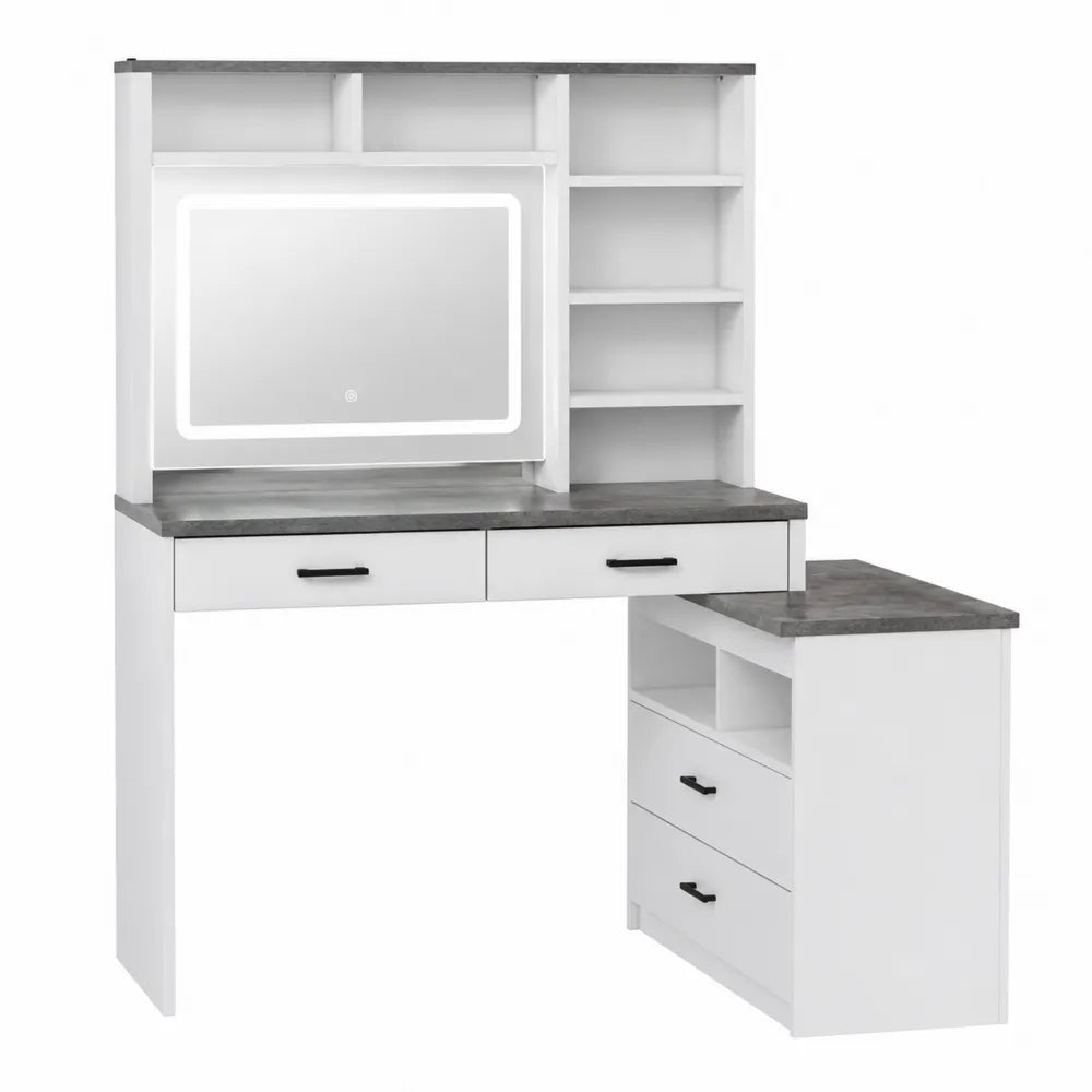 Toletta con specchio LED in legno composito bianco e grigio con mensole e cassetti