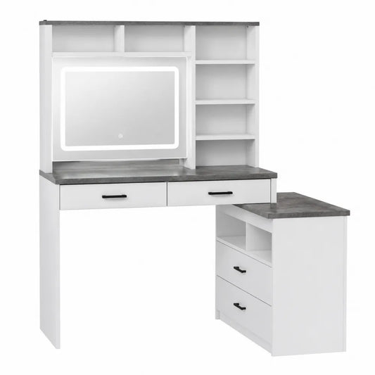 Toletta con specchio LED in legno composito bianco e grigio con mensole e cassetti