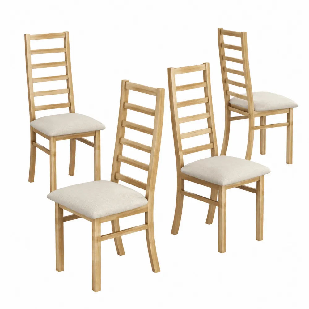Set di 4 Sedie in Legno con Seduta Beige in Poliestere